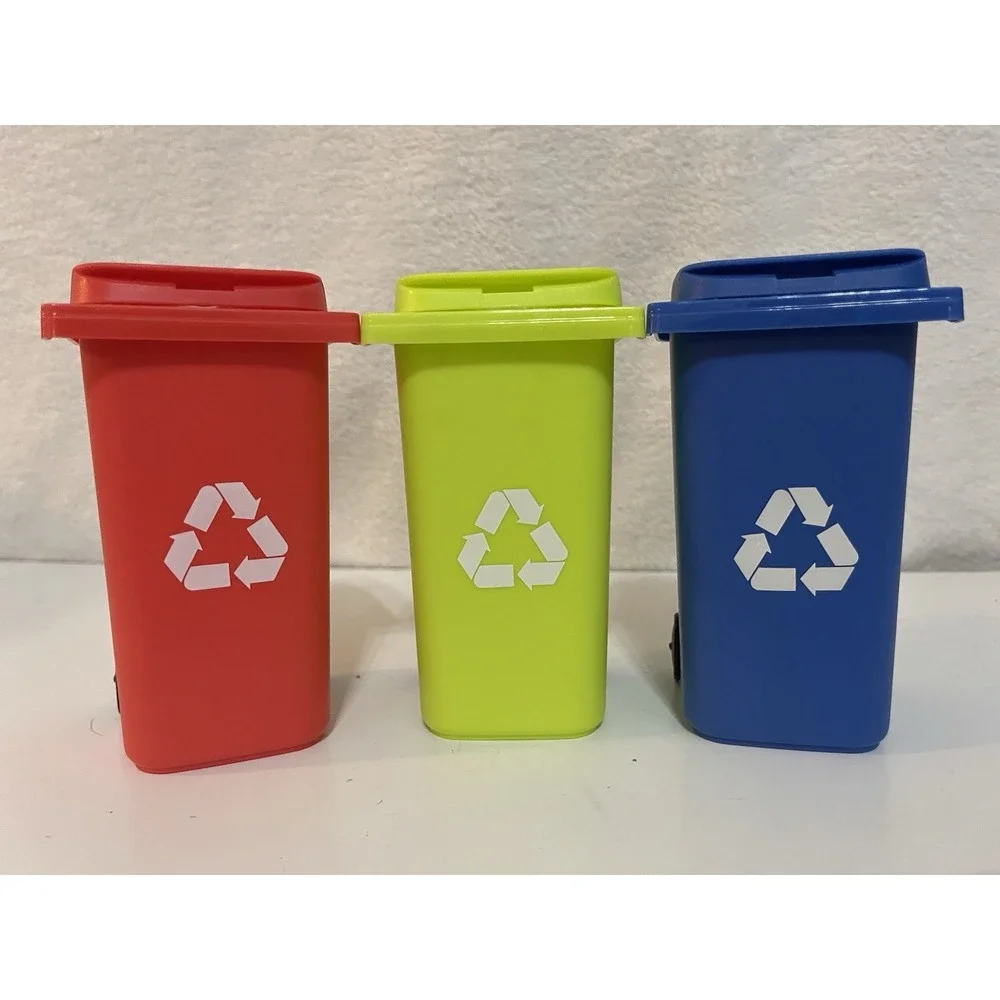 New (3) Desk Decor Pencil Holder Mini Blue Red & Green Recycling Garbage Cans